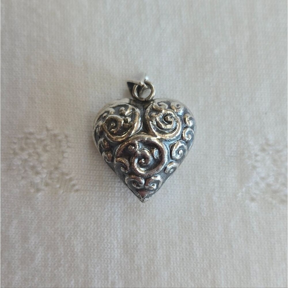 Sterling Silver 925 Puffy Heart Pendant with Scrollwork PRICE FIRM